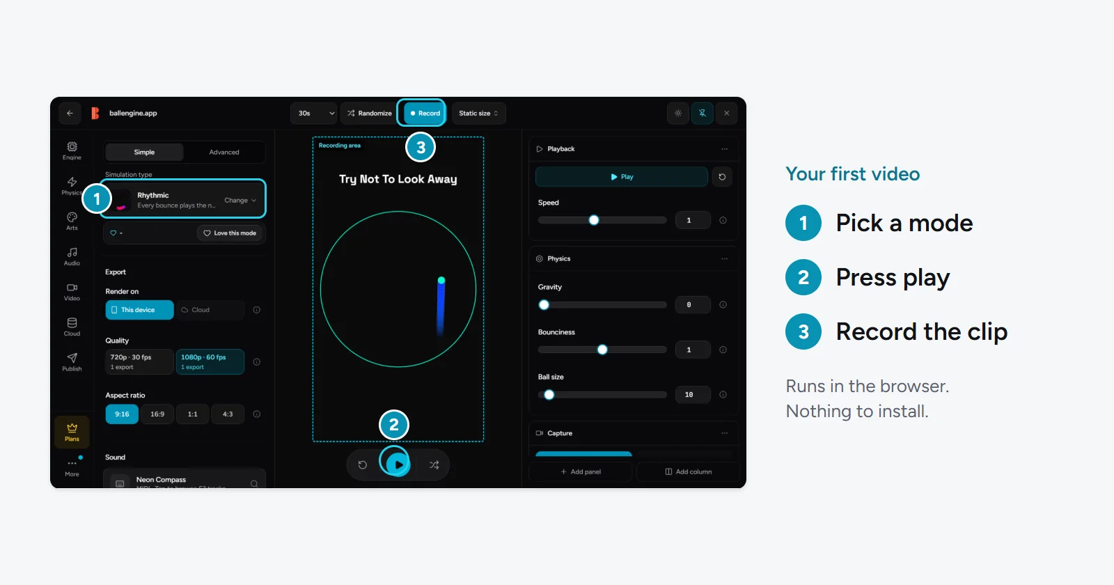 The BallEngine Studio with the three steps to a first video marked: pick a mode, press play, record