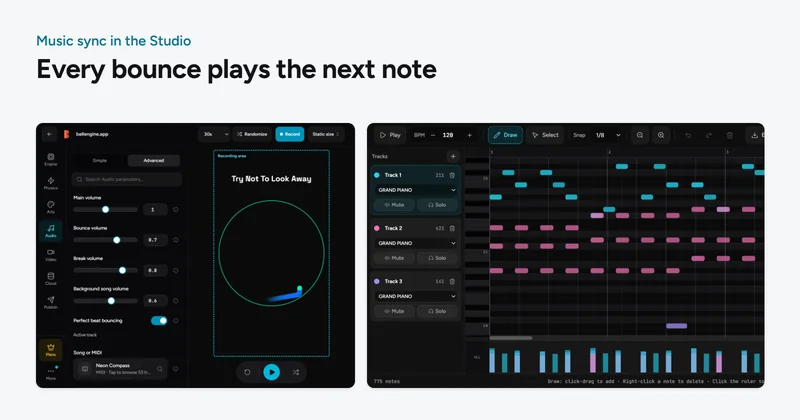 Rhythmic mode in the BallEngine Studio with a MIDI song as the active track, beside that song open in the piano roll