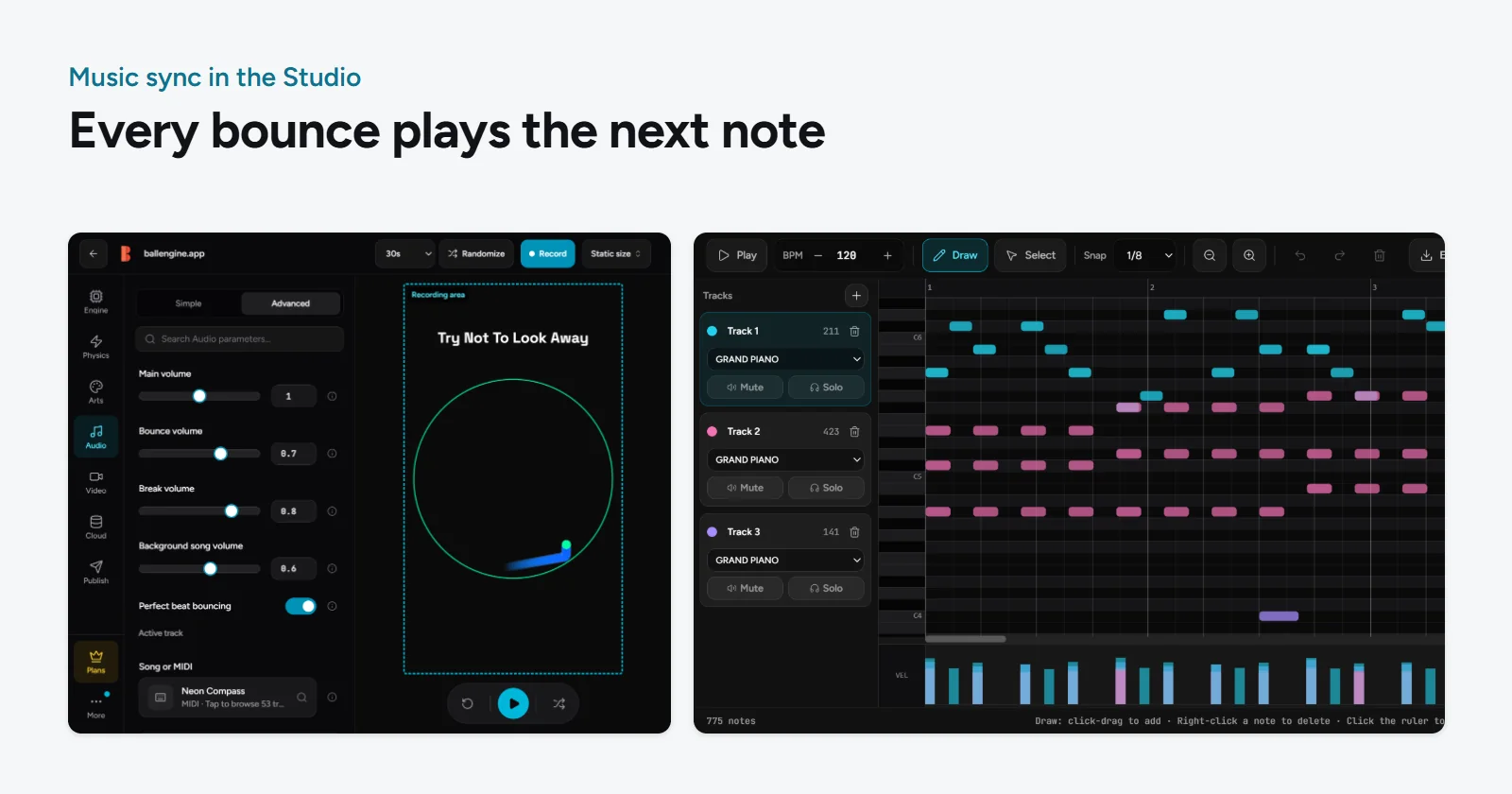 Rhythmic mode in the BallEngine Studio with a MIDI song as the active track, beside that song open in the piano roll