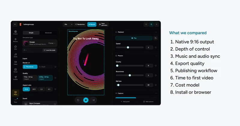 The BallEngine Studio running Escape mode, beside the eight criteria the simulators were compared on