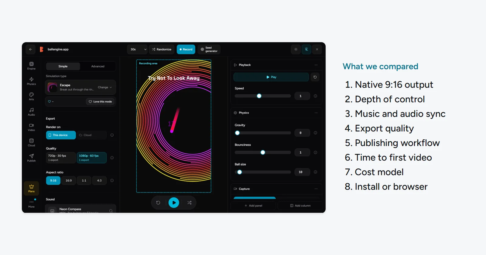 The BallEngine Studio running Escape mode, beside the eight criteria the simulators were compared on