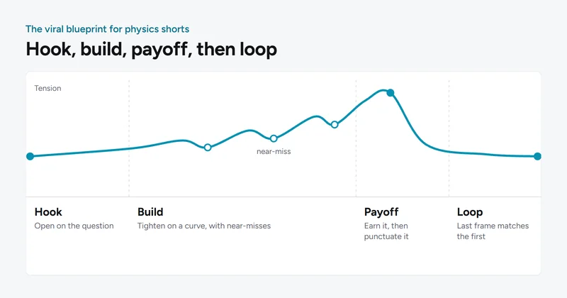 The structure of a viral physics short as a tension curve: a hook in the first second, a build with near-misses, the payoff, and a loop back to the first frame