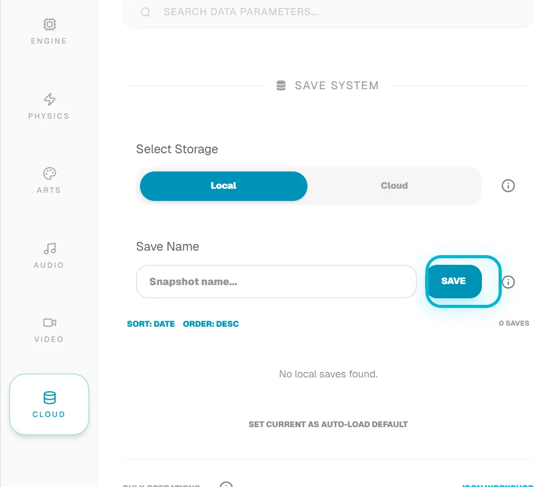 The Cloud/Data tab in the Studio showing the save system